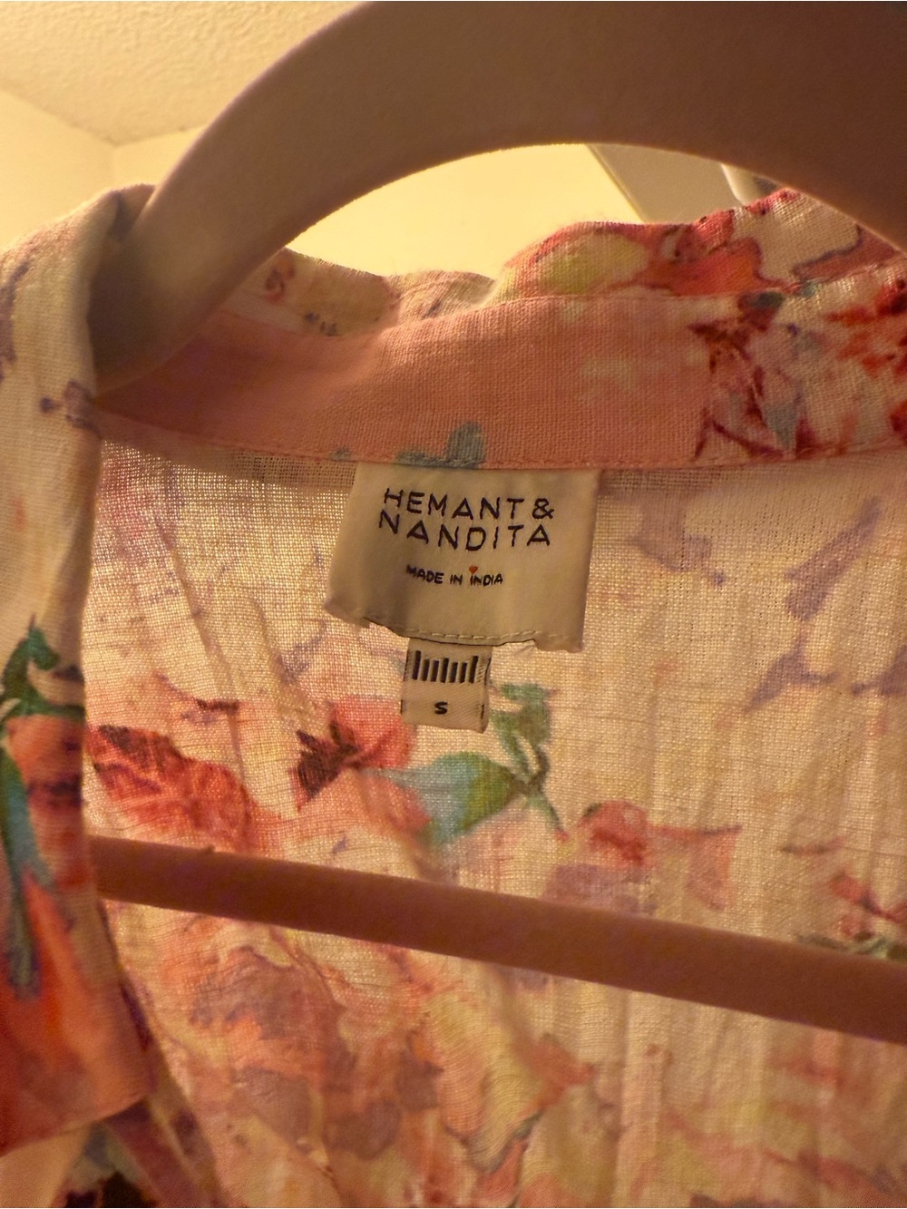 HEMANT & NANDITA Pastel Pink Floral Button-Front Long-Sleeve Dress with Belt - Picture 5 of 5